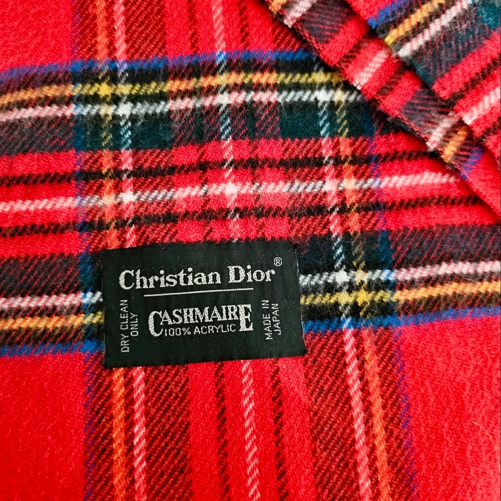 Christian Dior Red Plaid Cashmere Fringe Scarf